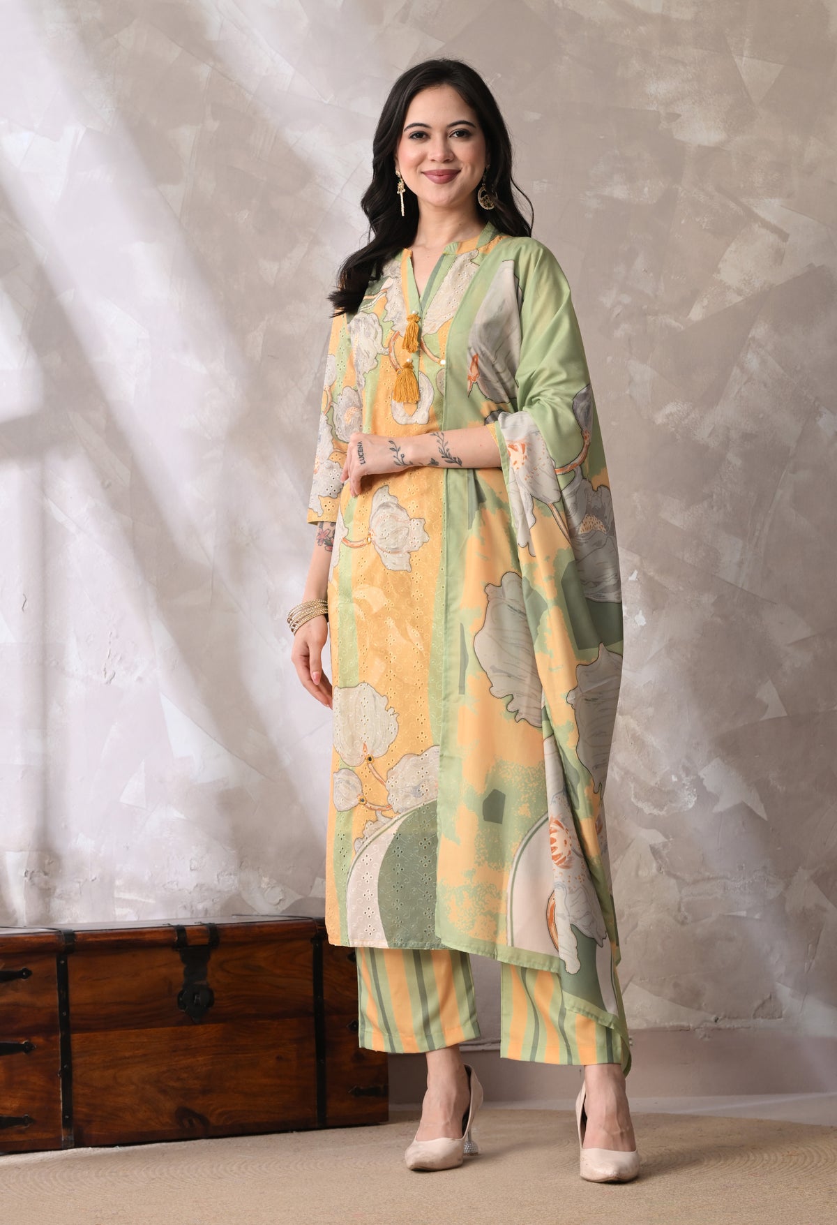 Green A Line Top  Bottom & Dupatta  For Women - 2572 view 5