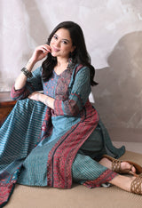 Teal A Line Top  Bottom & Dupatta  For Women - 2572 view 2