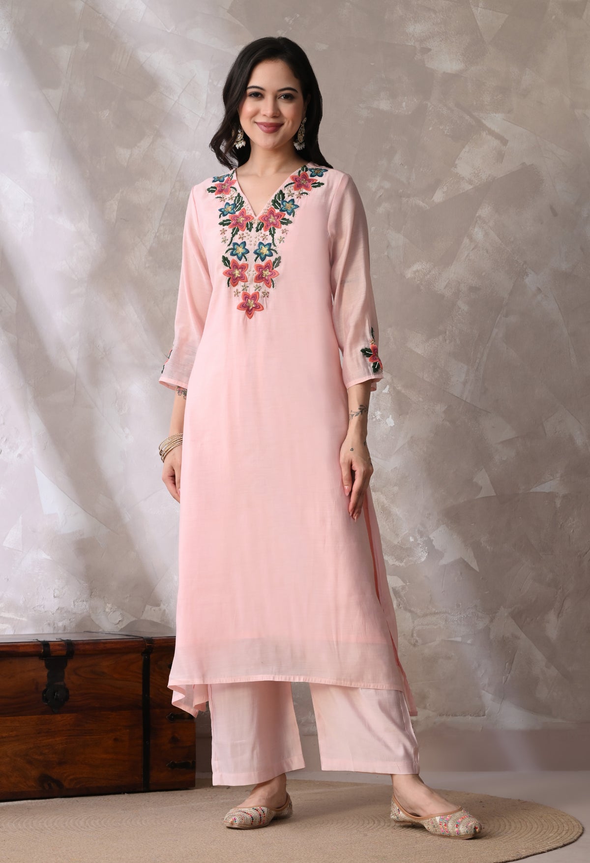 Lt Pink A Line Top  Bottom & Dupatta  For Women - 2944 view 2