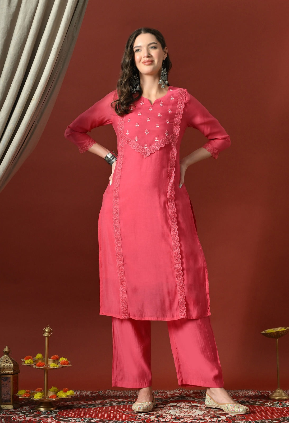 Pink Straight Kurta With Plazzo And Dupatta For Women - 2912 view 3