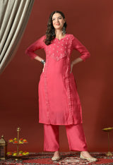 Pink Straight Kurta With Plazzo And Dupatta For Women - 2912 view 3
