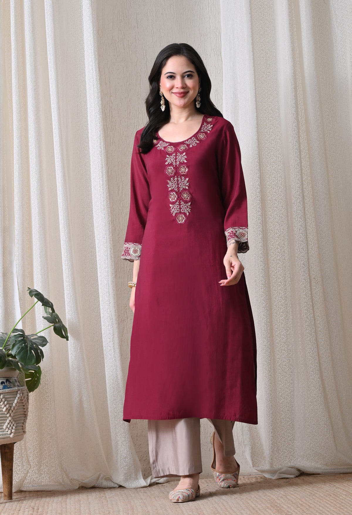 Wine Anarkali With Plazzo And Dupatta For Women - 2933 view 3