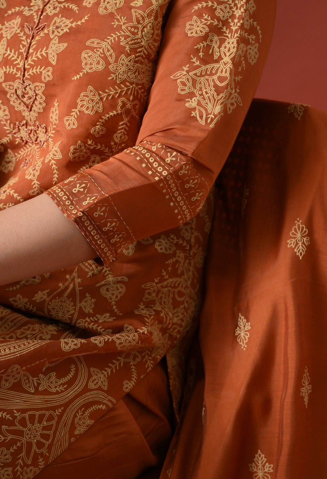 Rust Straight Kurta With Plazzo And Dupatta For Women - 2660 view 5