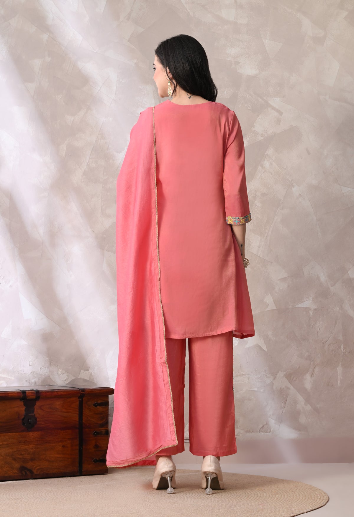 Peach Short Kurta With Plazzo And Dupatta For Women - 2615 view 4
