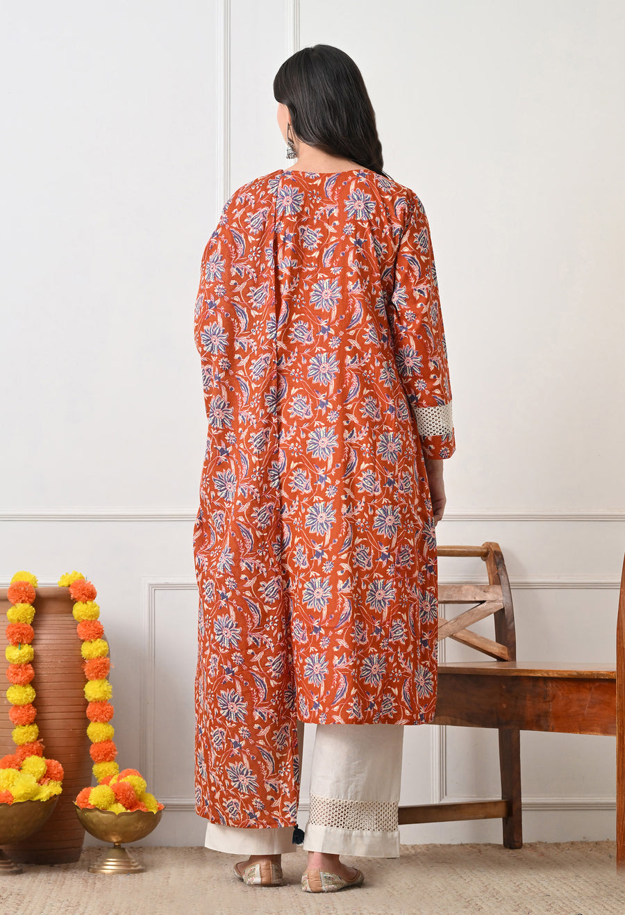 Rust Floral Printed Regular Pure Cotton Kurta with Palazzos & With Dupatta