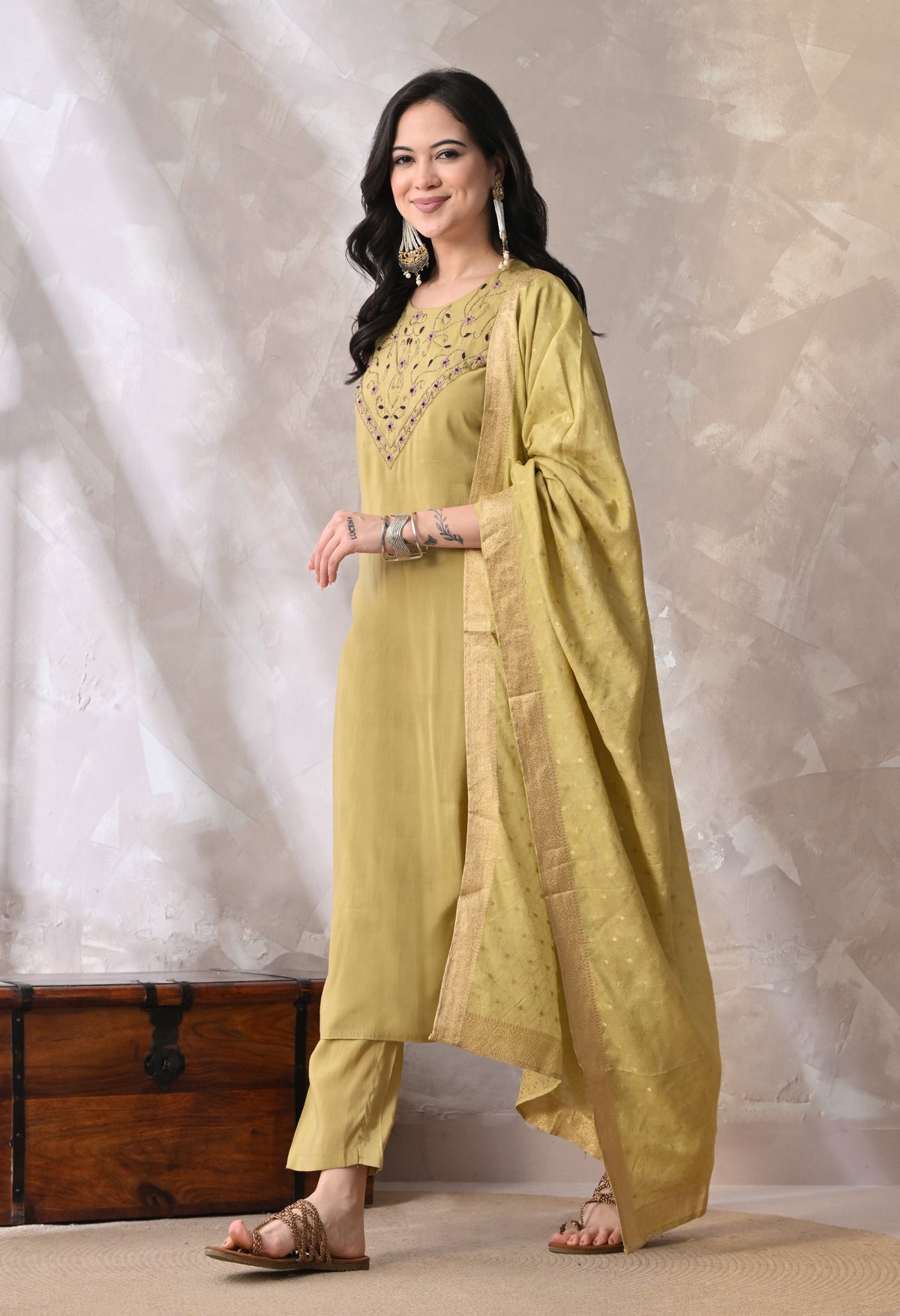Green Straight Kurta With Plazzo And Dupatta For Women - 2613 view 1