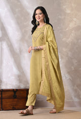 Green Straight Kurta With Plazzo And Dupatta For Women - 2613 view 1