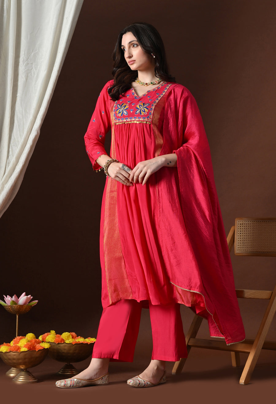 Pink Ethnic Motifs Embroidered Empire Thread Work Kurta with Palazzos & With Dupatta