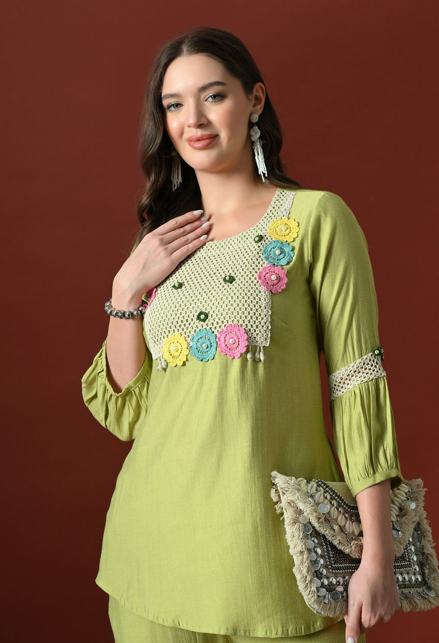 Green Yoke Design Printed Casual Round-Neck Top With Trousers