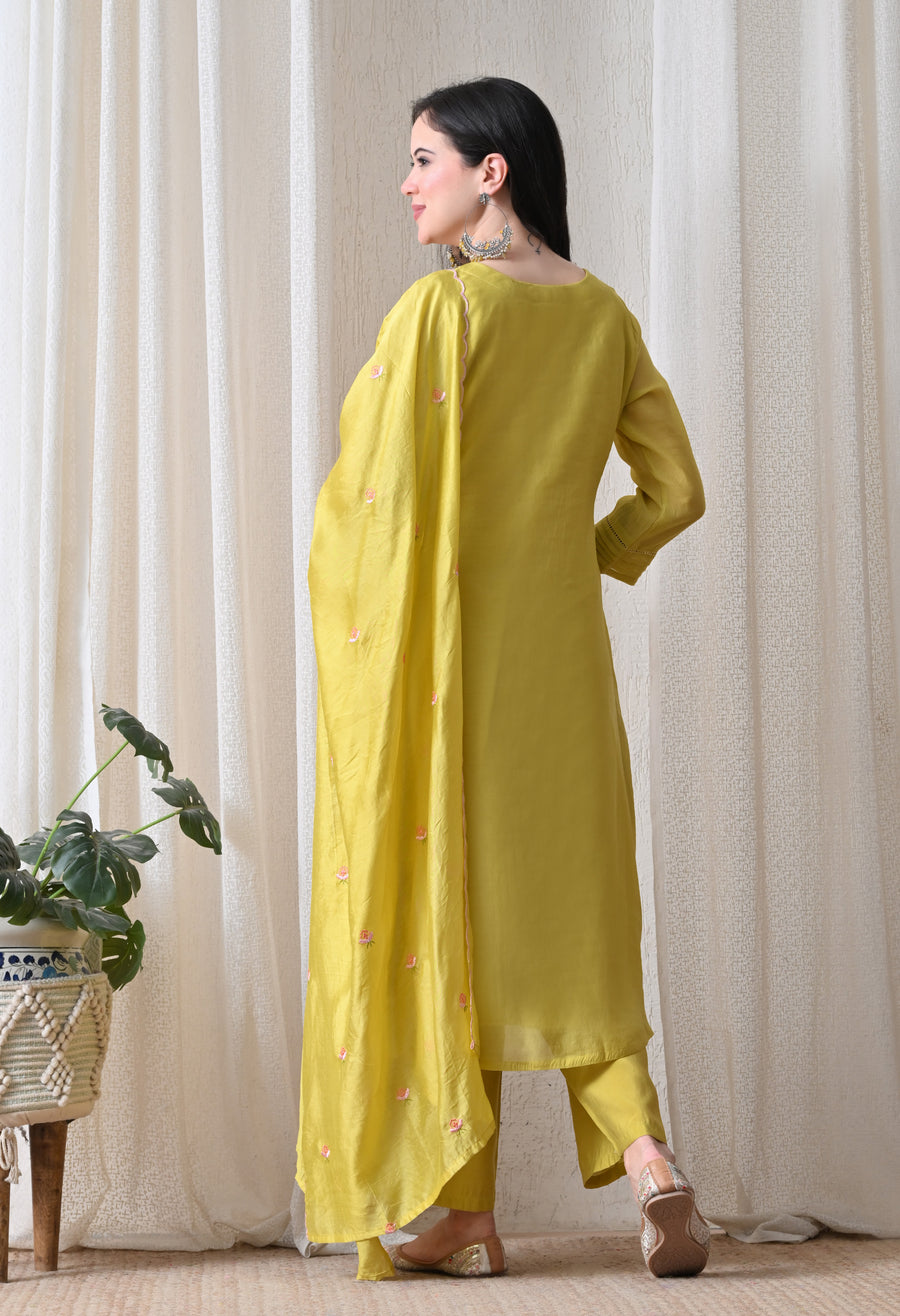 Yellow Floral Embroidered Empire Thread Work Kurta with Palazzos & With Dupatta