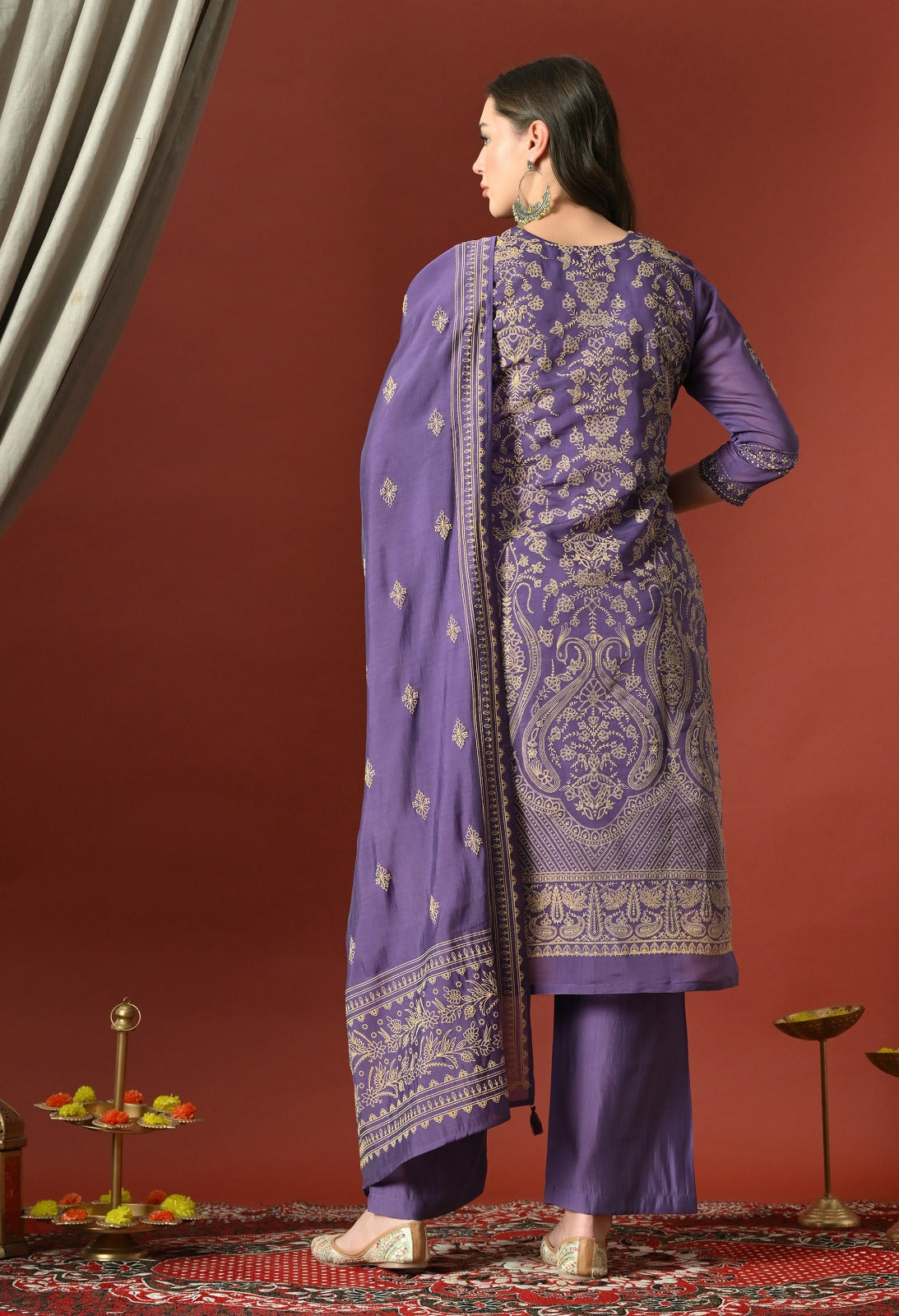 Purple Straight Kurta With Plazzo And Dupatta For Women - 2660 view 4