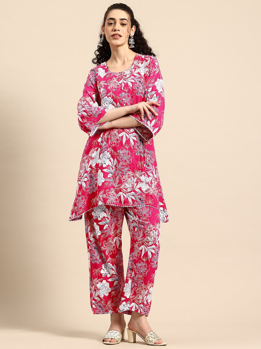 Pink Floral Printed Regular Kurta With Trousers