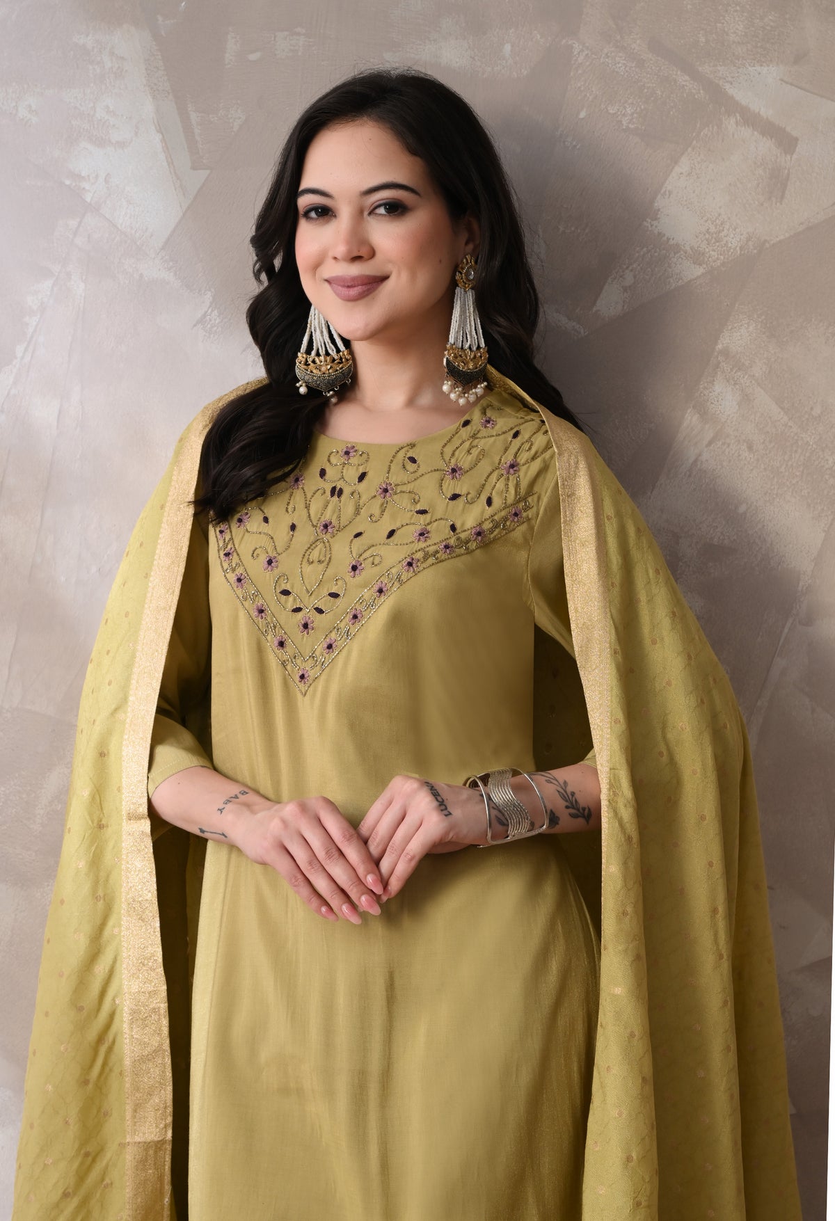 Green Straight Kurta With Plazzo And Dupatta For Women - 2613 view 3