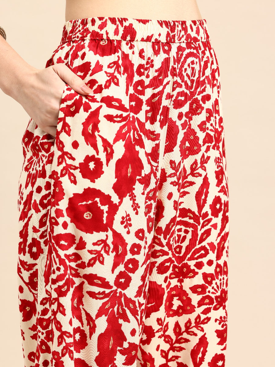 Red Floral Printed Empire Kurta with Trousers