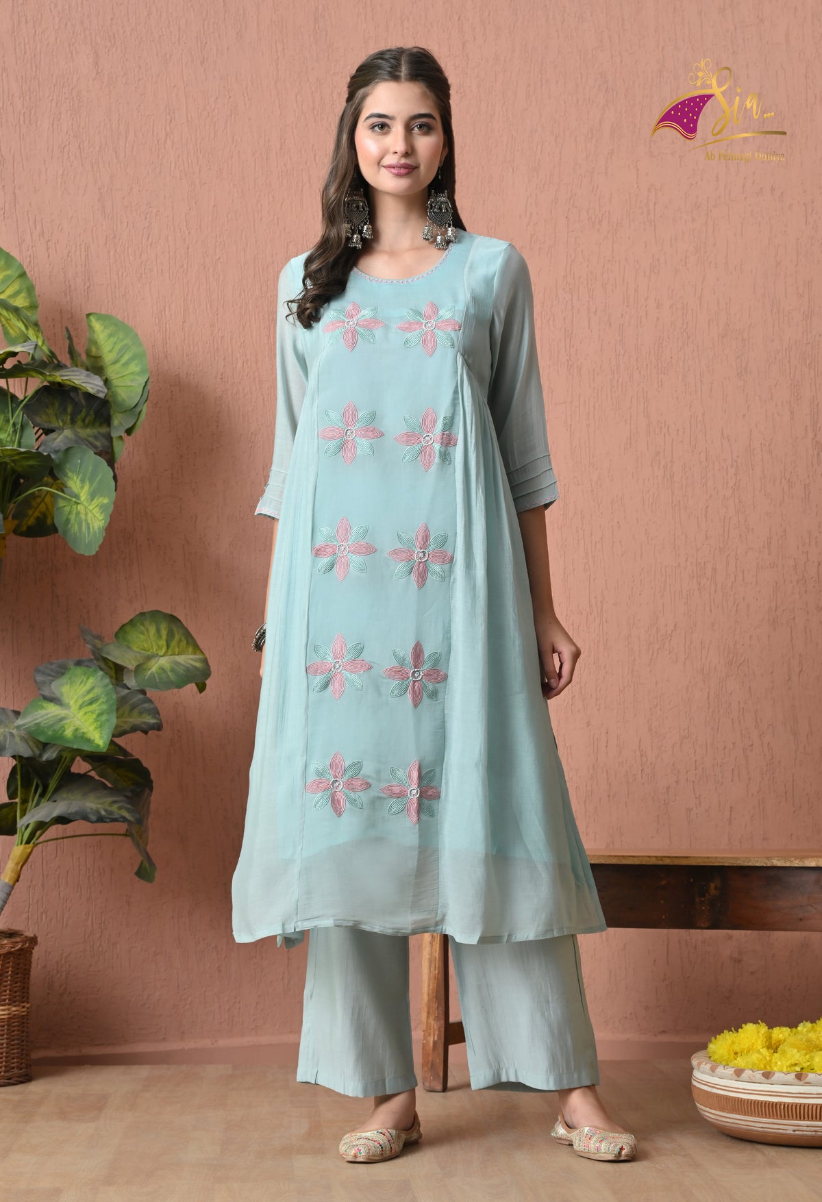 Sage Blue A Line Top  Bottom & Dupatta  For Women - 2904 view 2