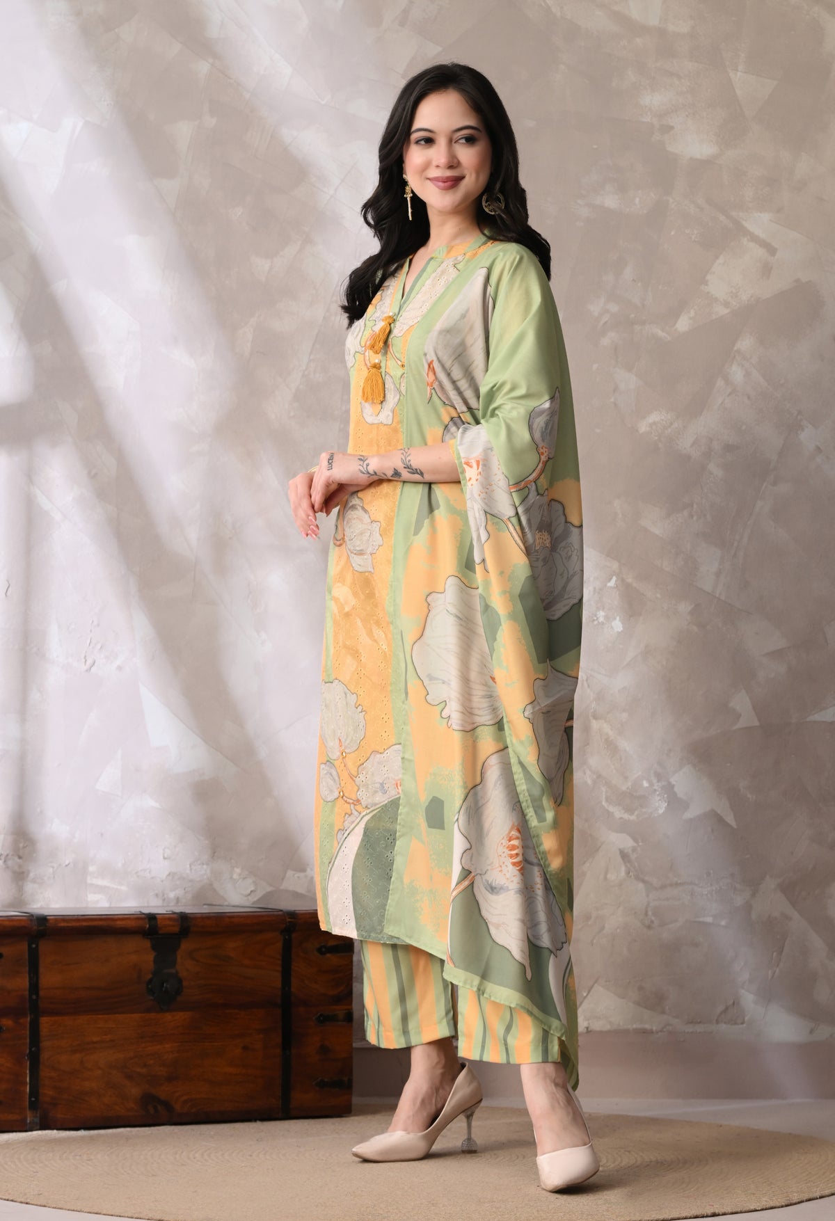 Green A Line Top  Bottom & Dupatta  For Women - 2572 view 2
