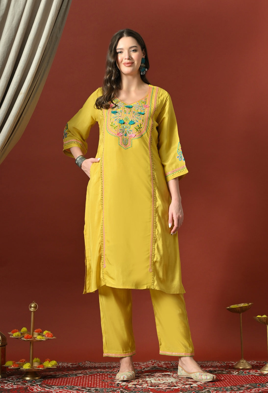 Yellow Straight Kurta With Plazzo And Dupatta For Women - 2612 view 1