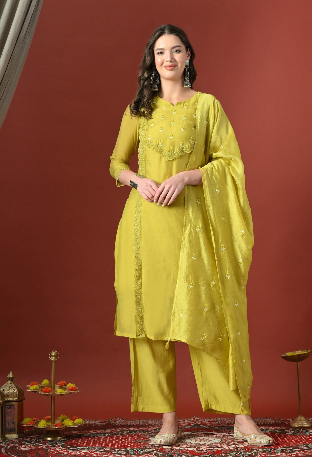 Yellow Straight Kurta With Plazzo And Dupatta For Women - 2912 view 4