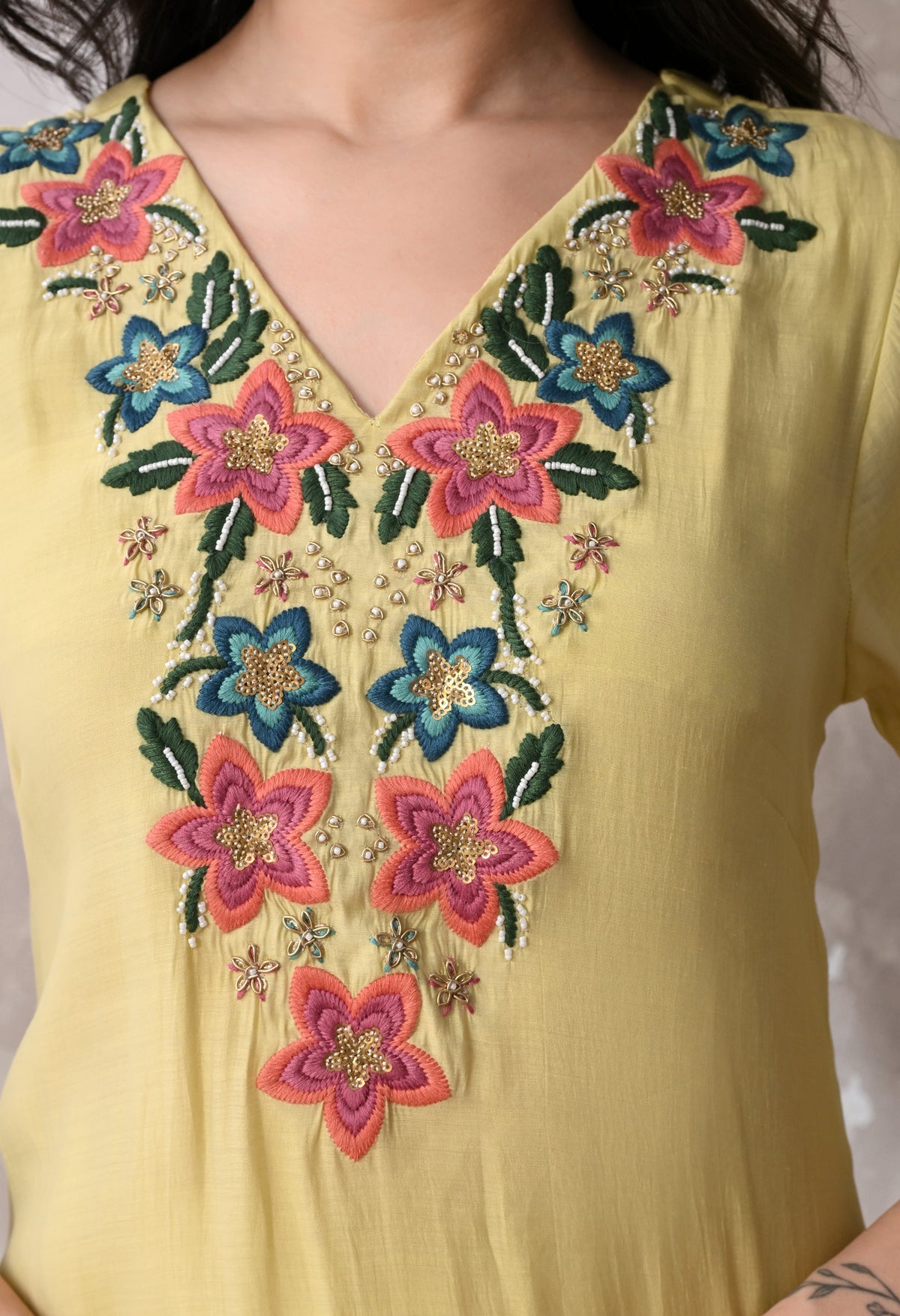 Pstl Yellow A Line Top  Bottom & Dupatta  For Women - 2944 view 4