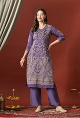 Purple Straight Kurta With Plazzo And Dupatta For Women - 2660 view 2