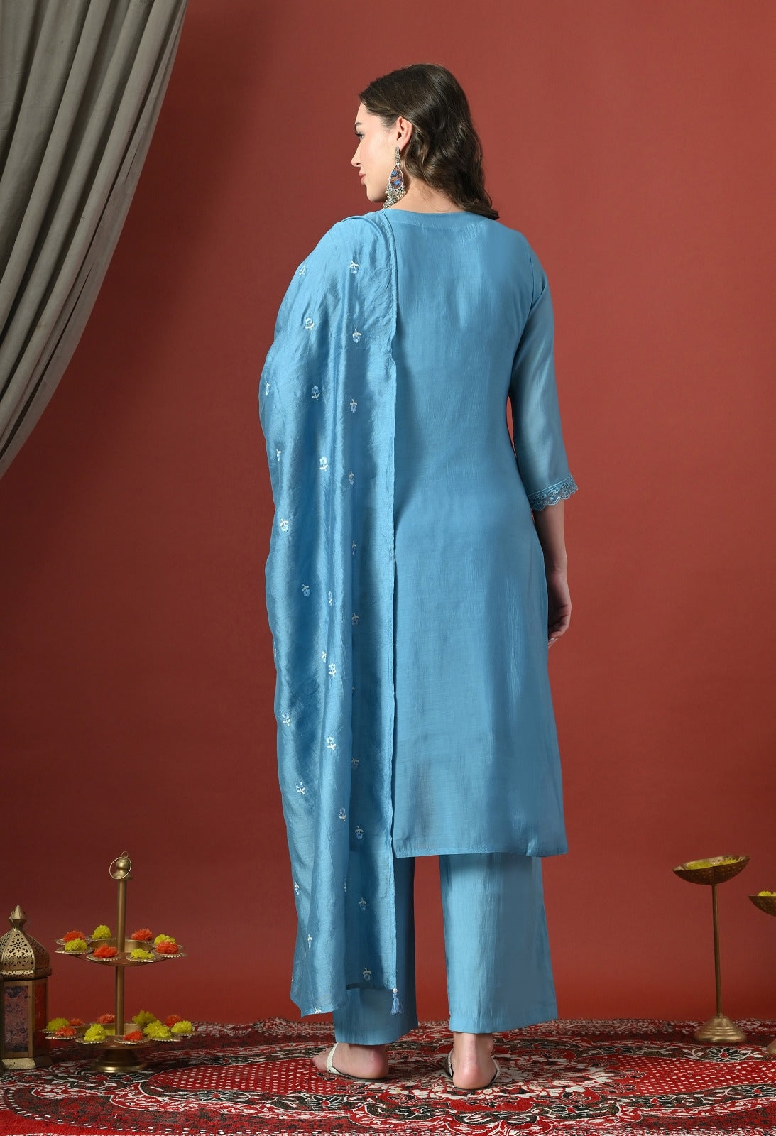 Blue Straight Kurta With Plazzo And Dupatta For Women - 2912 view 1