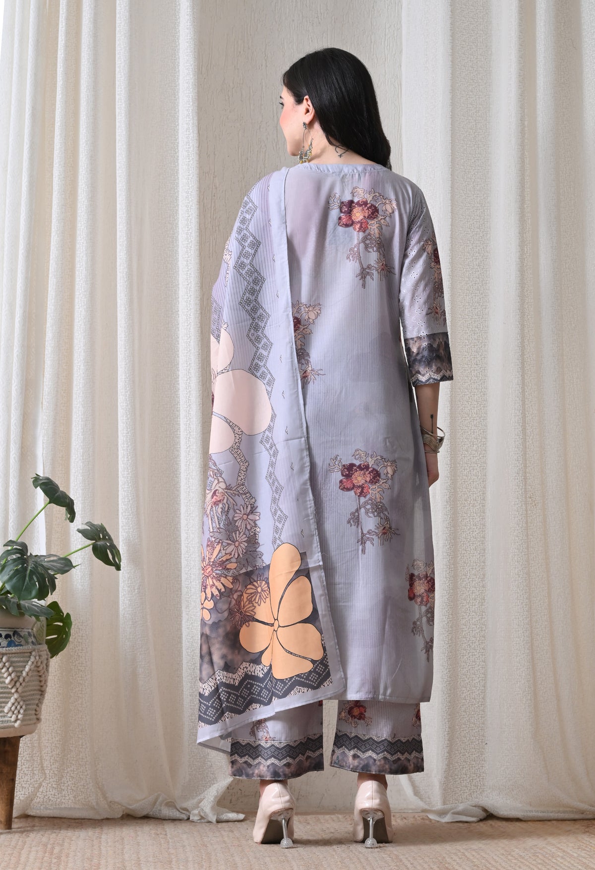 Grey A Line Top  Bottom & Dupatta  For Women - 2572 view 4