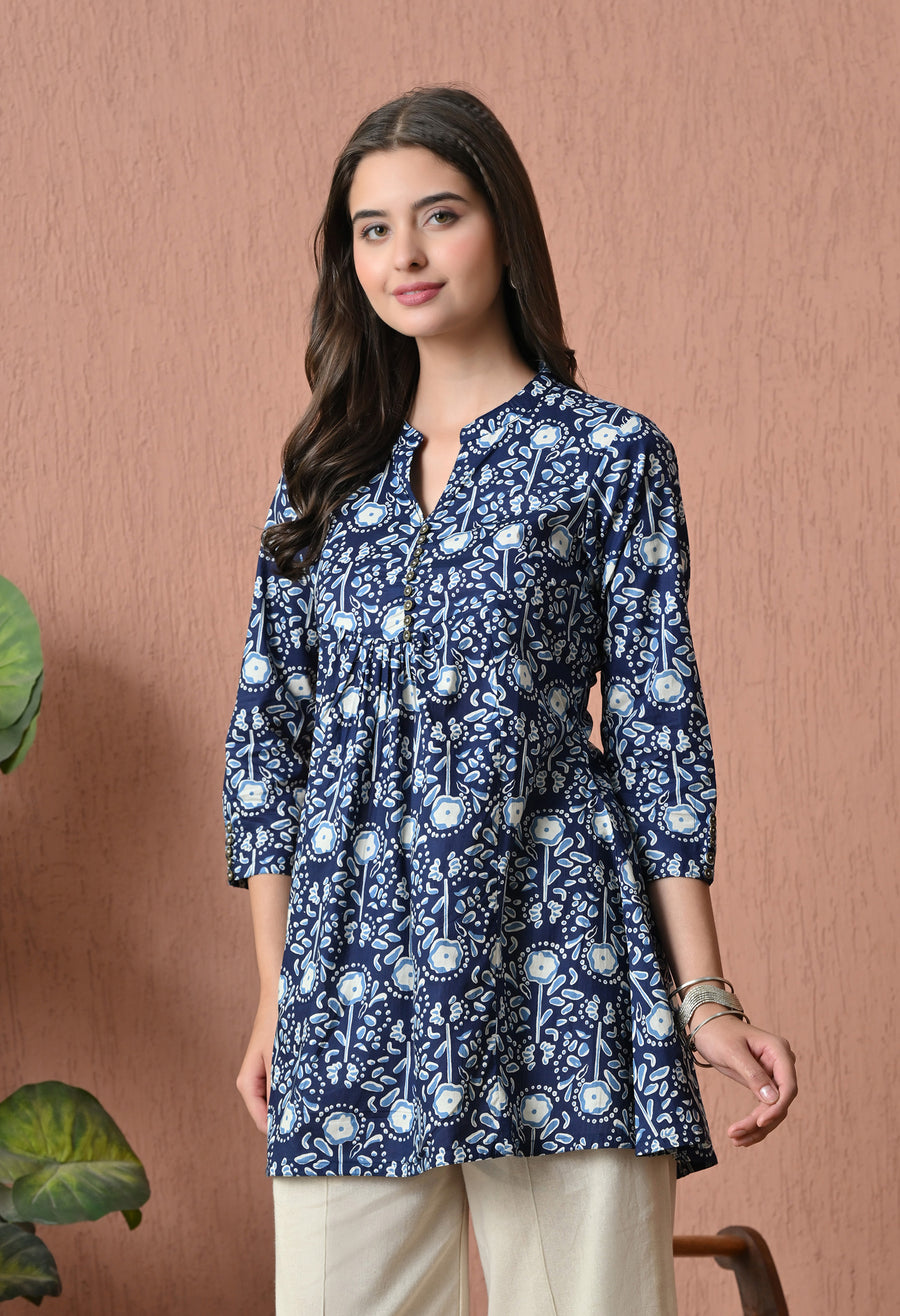 Blue Floral Cotton Printed Tunic with Palazzos