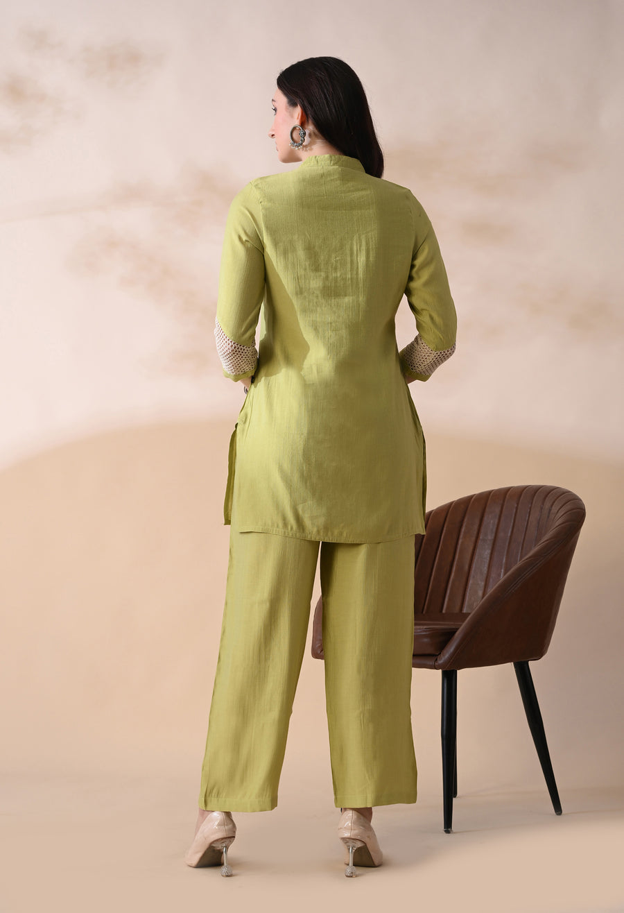 Green Crochet Embellished Tunic with Trousers