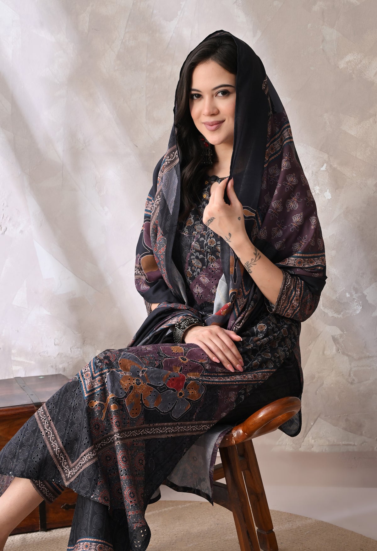 Black A Line Top  Bottom & Dupatta  For Women - 2572 view 3