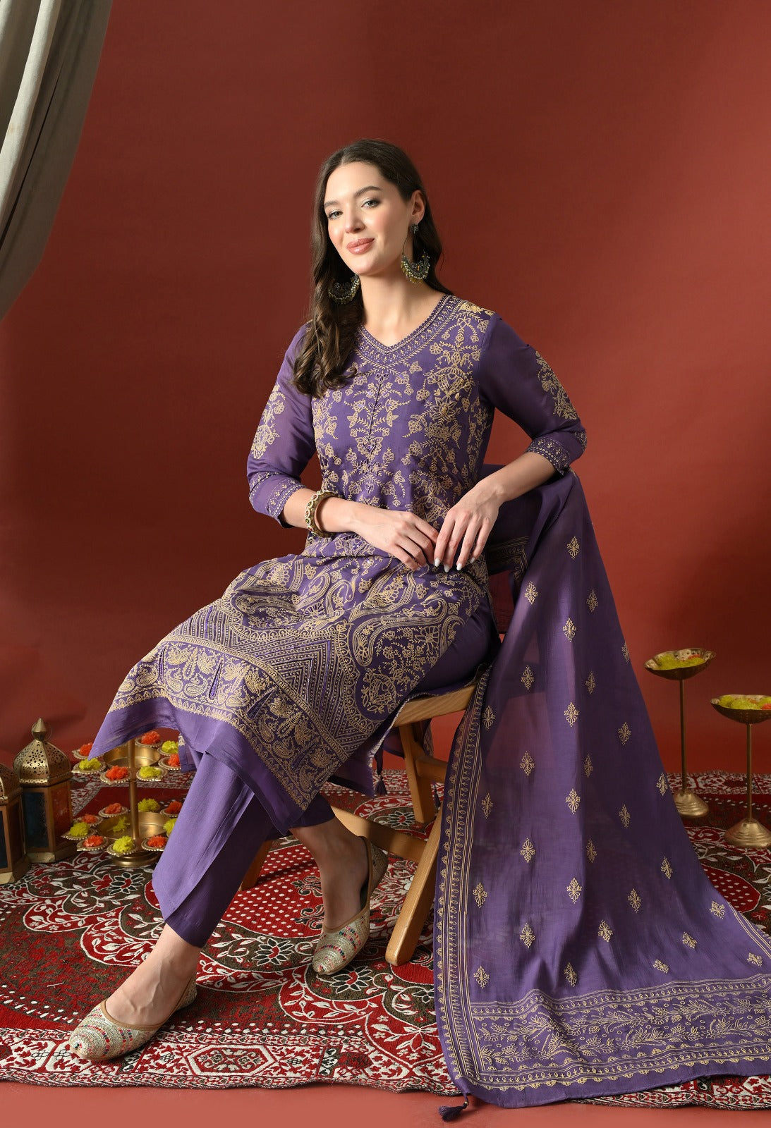Purple Straight Kurta With Plazzo And Dupatta For Women - 2660 view 1
