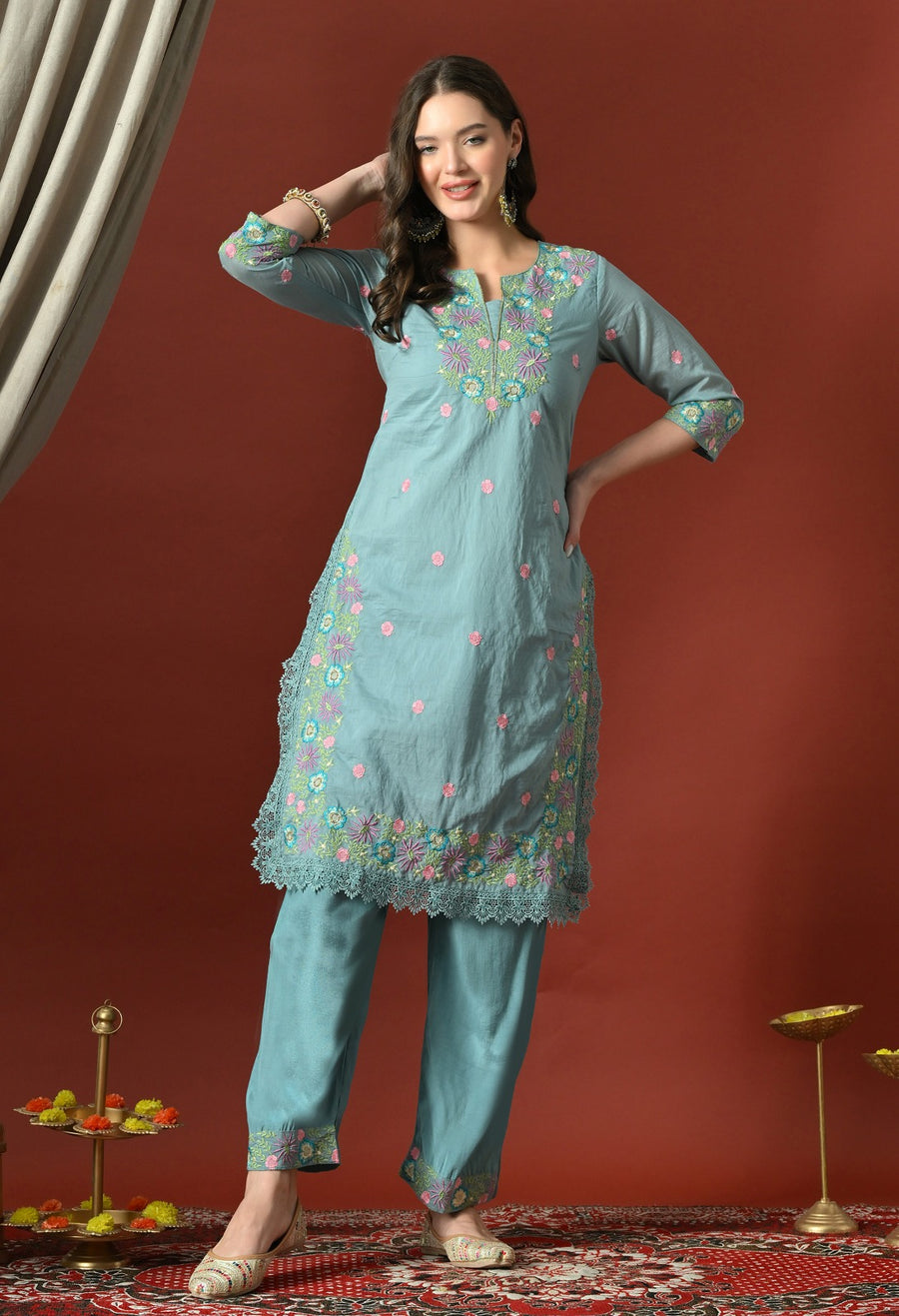 Sky Blue Floral Embroidered Regular Thread Work Chanderi Cotton Kurta with Trousers &