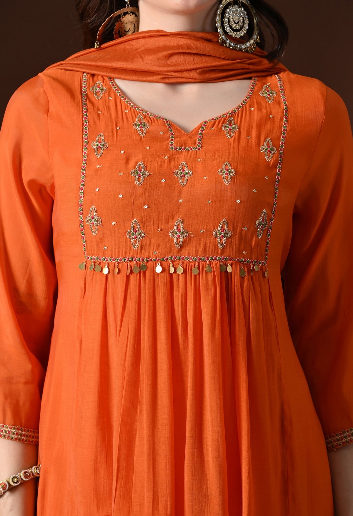 Orange A Line With Plazzo And Dupatta For Women - 2906 view 1