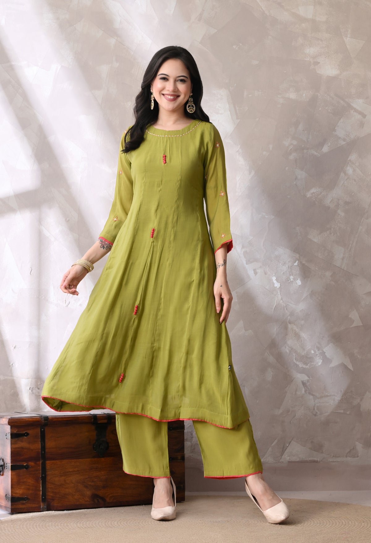Mehandi A Line Top  Bottom & Dupatta  For Women - 2939 view 1