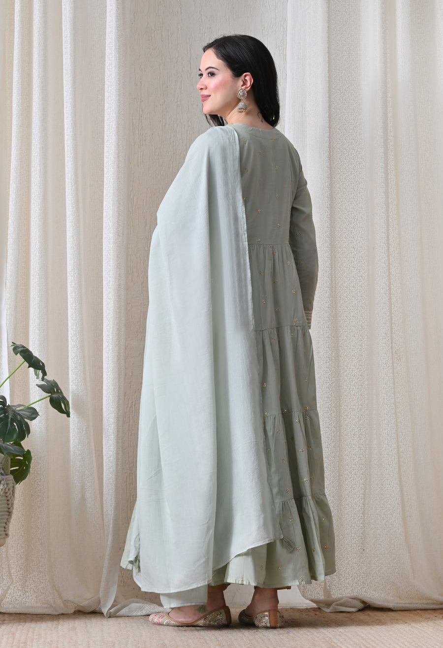 Green Cotton Flair Dress With Dupatta For Women