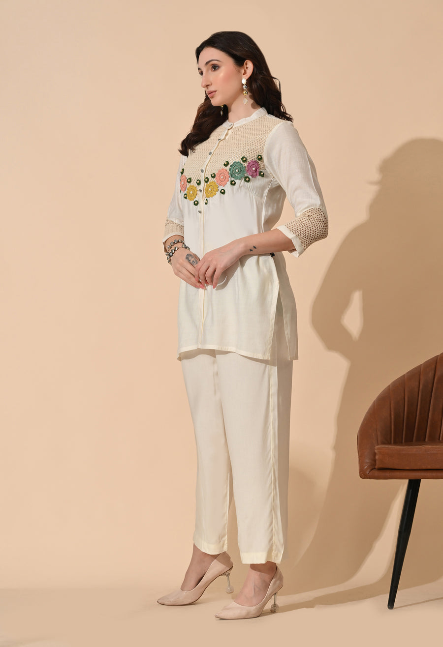 White Crochet Embellished Tunic with Trousers