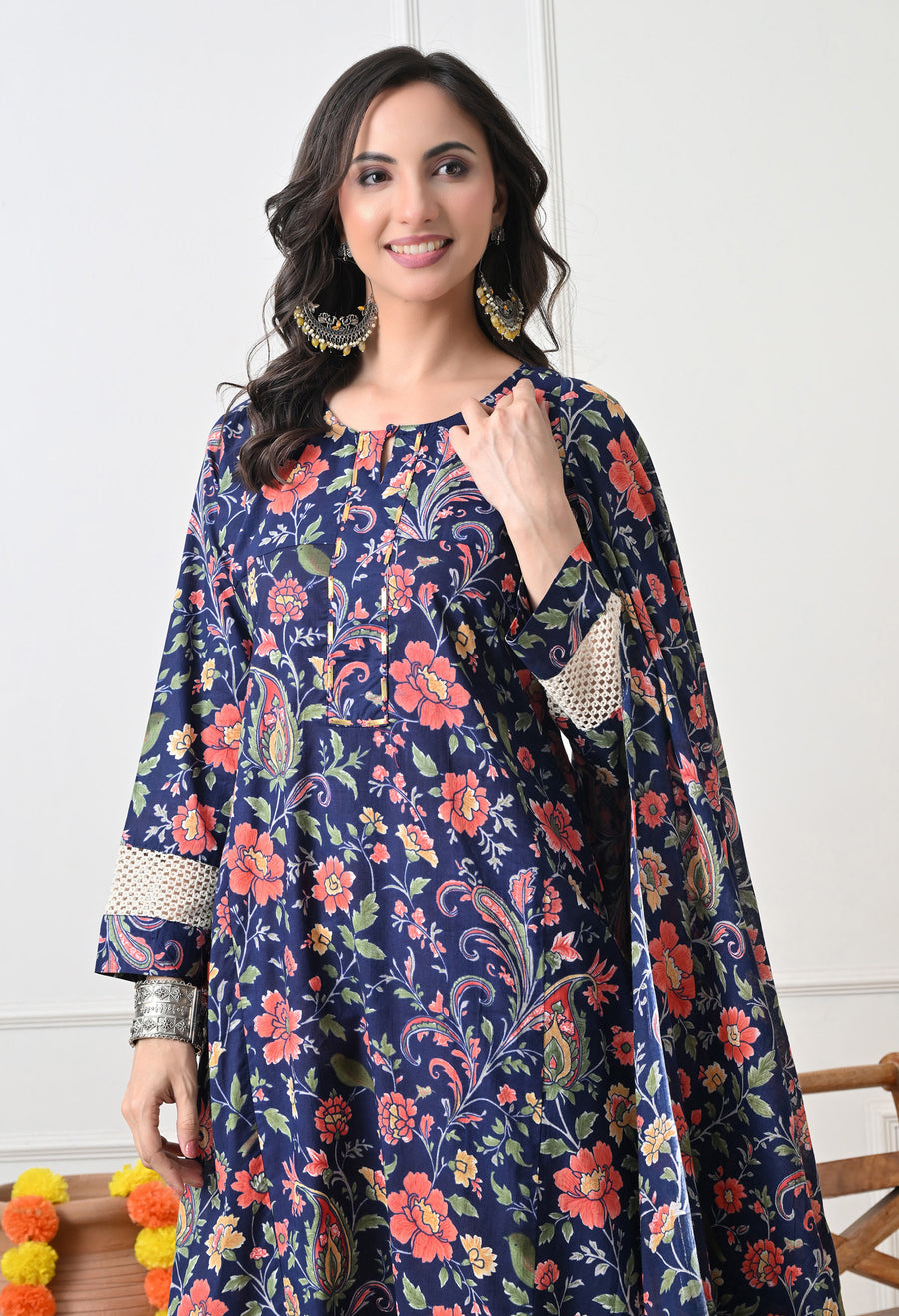 Navyblue Floral Printed Regular Pure Cotton Kurta with Palazzos & With Dupatta