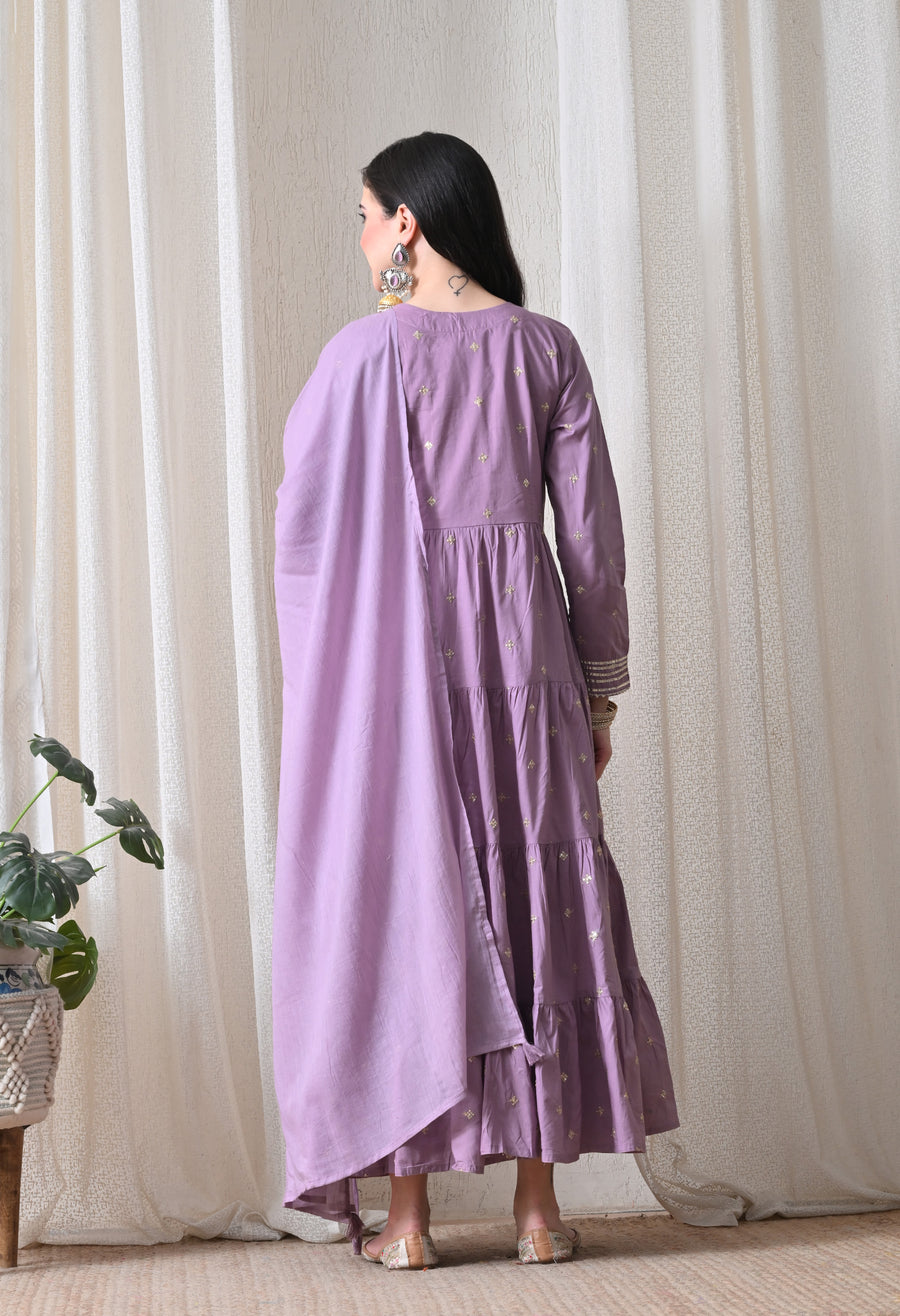 Purple Cotton Flair Dress With Dupatta For Women