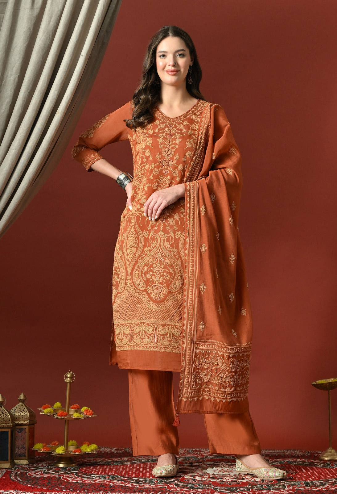 Rust Straight Kurta With Plazzo And Dupatta For Women - 2660 view 3