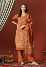 Rust Straight Kurta With Plazzo And Dupatta For Women - 2660 view 3