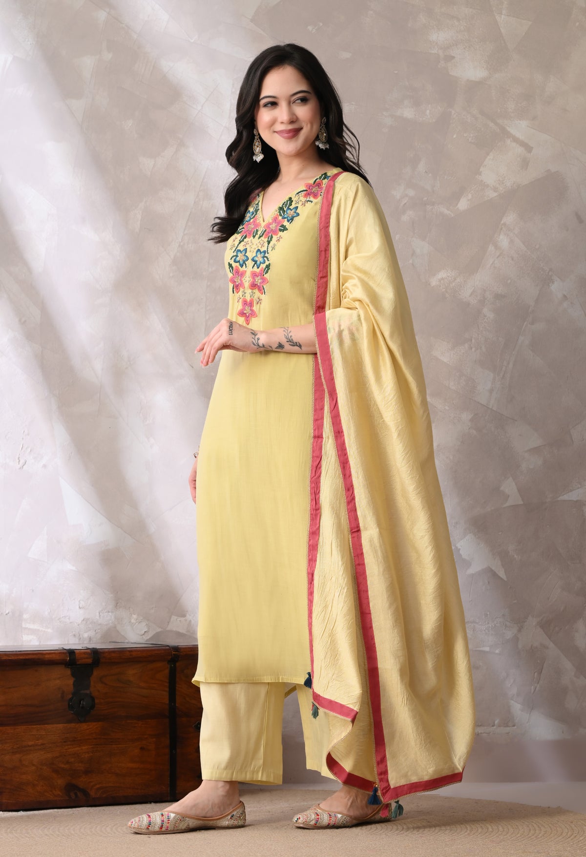 Pstl Yellow A Line Top  Bottom & Dupatta  For Women - 2944 view 1