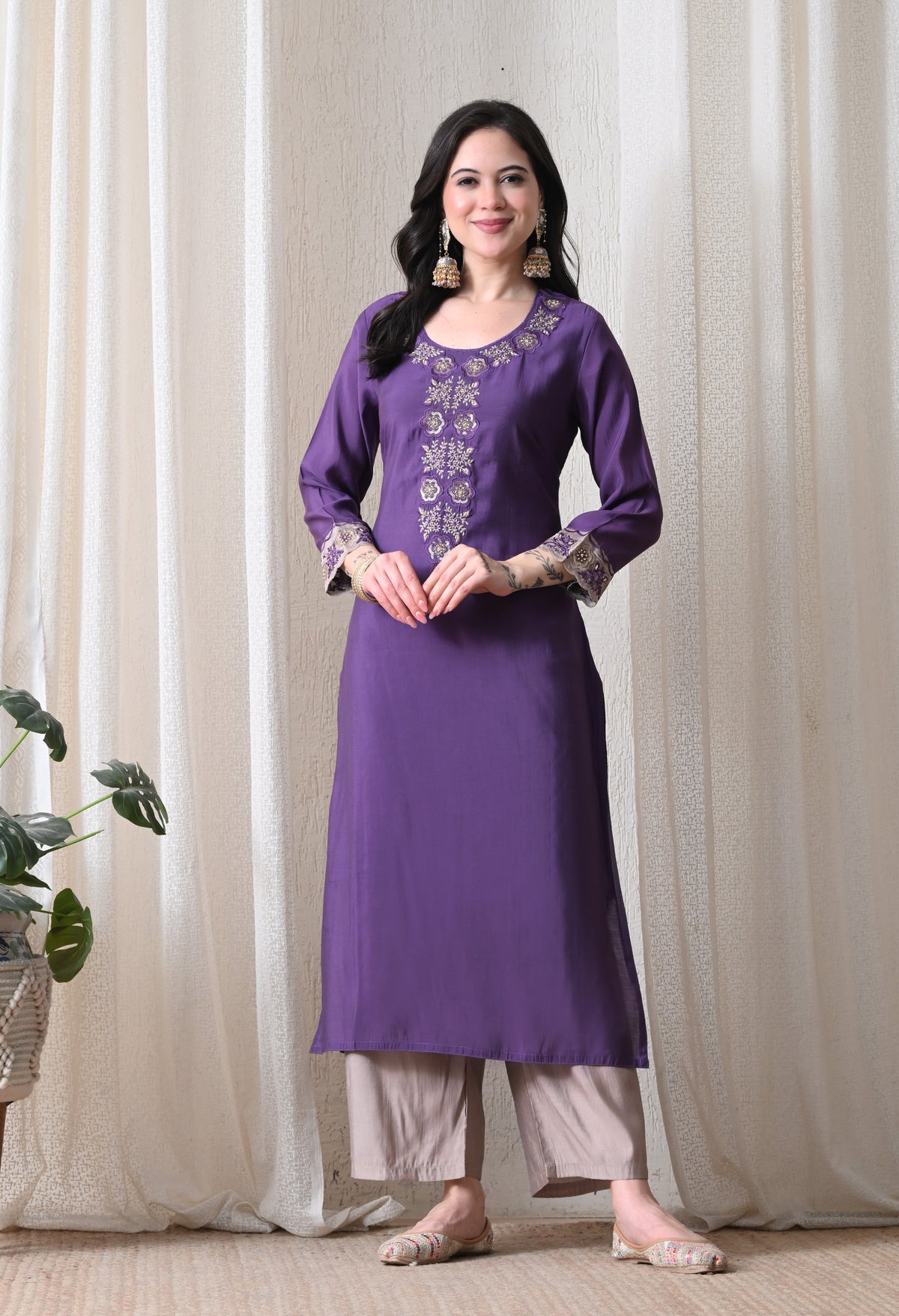 Purple Anarkali With Plazzo And Dupatta For Women - 2933 view 2