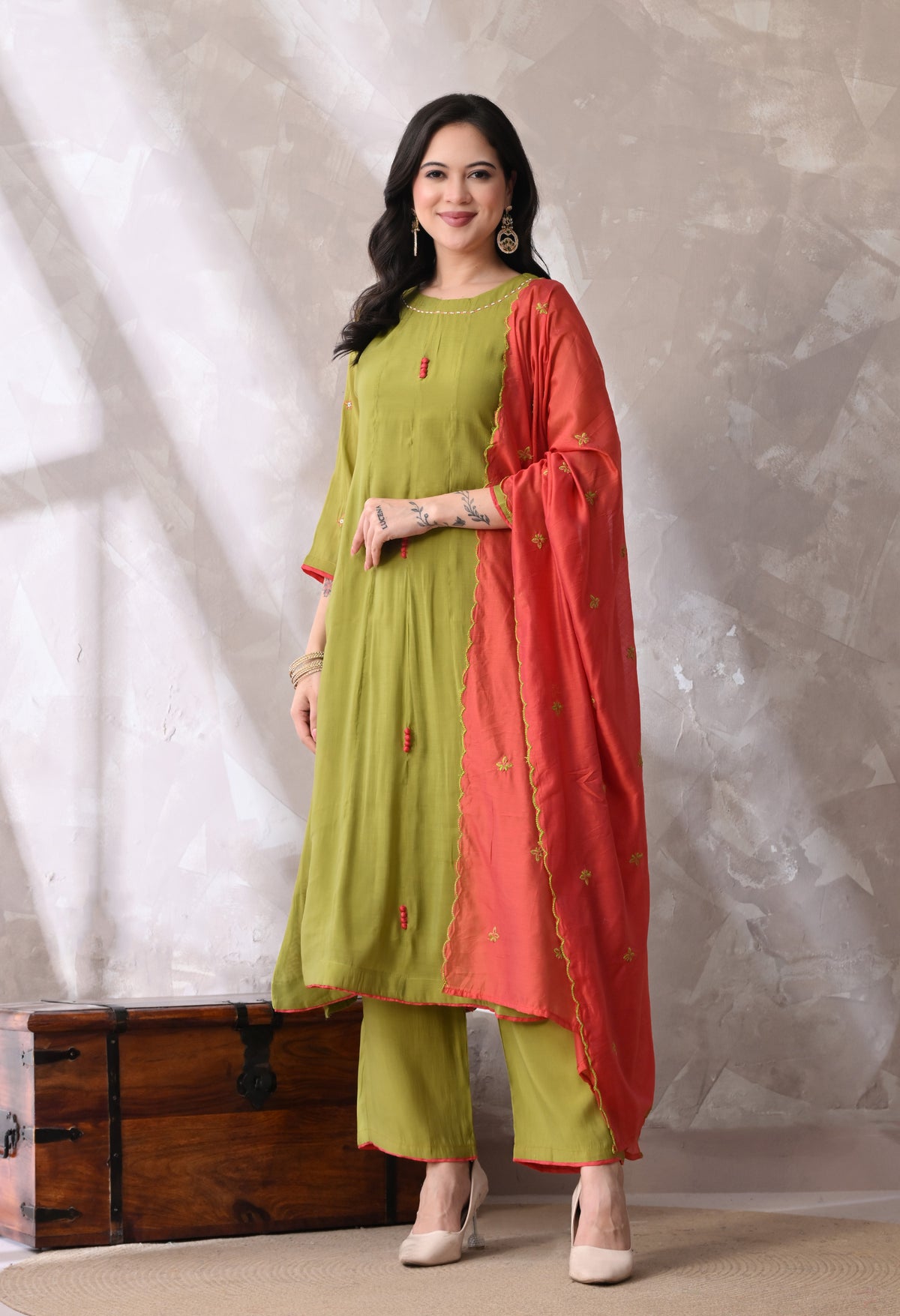 Mehandi A Line Top  Bottom & Dupatta  For Women - 2939 view 2