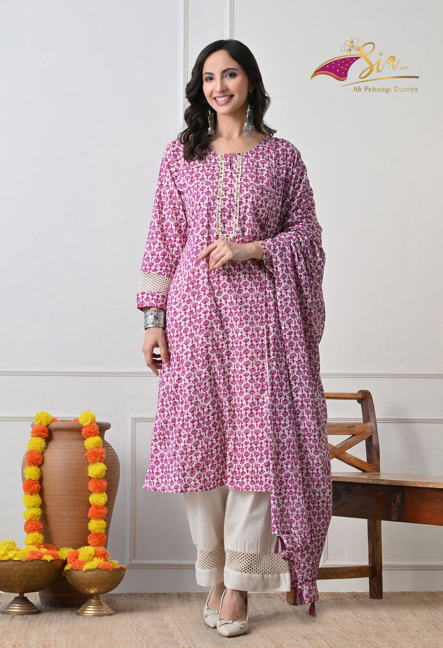 Purple Floral Printed Regular Pure Cotton Kurta with Palazzos & With Dupatta