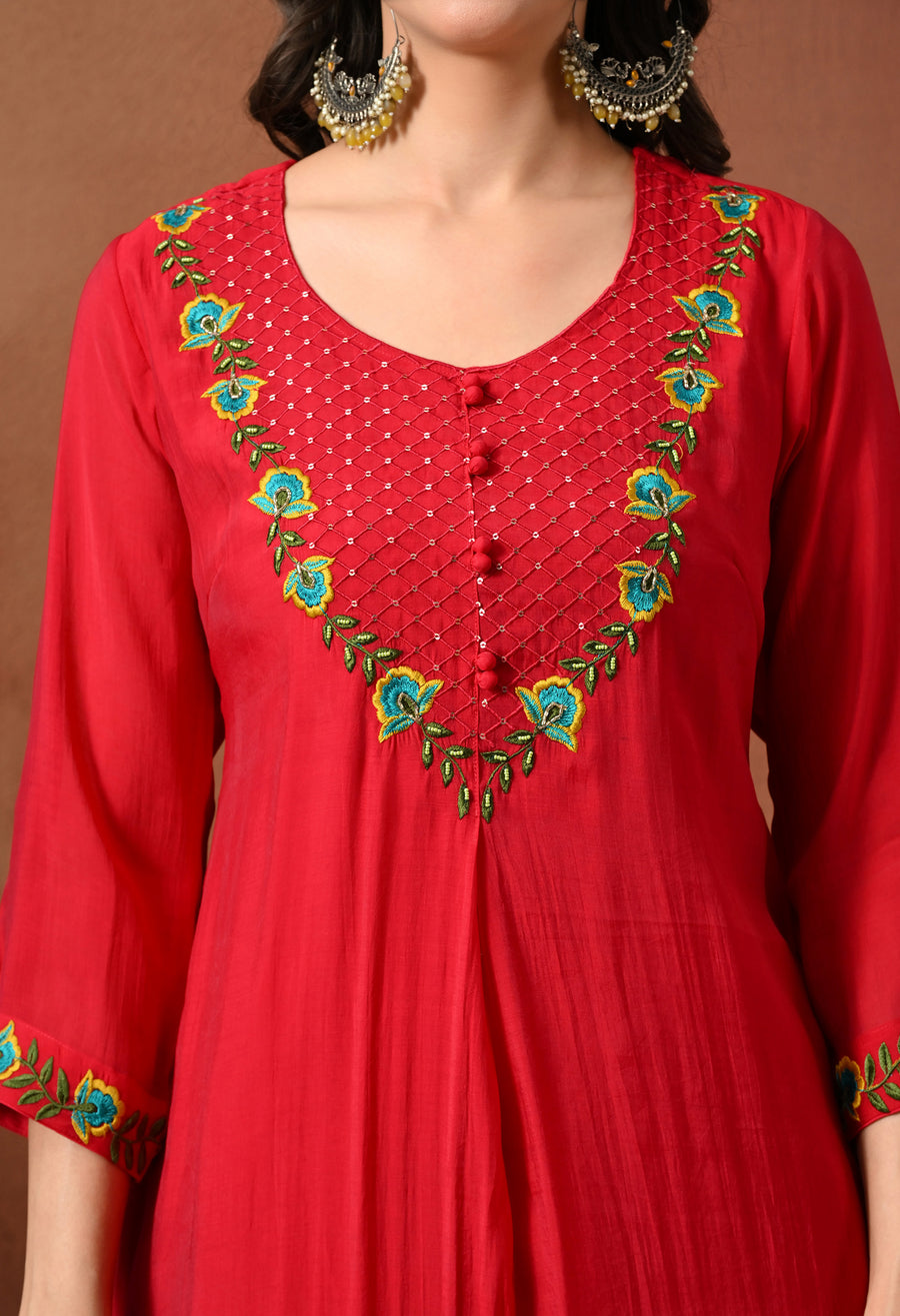 Rani Floral Embroidered Sequinned Kurta with Palazzos With Dupatta