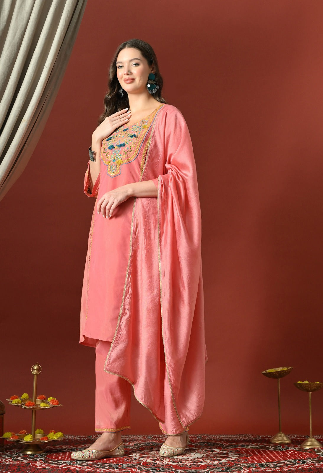 Pink Straight Kurta With Plazzo And Dupatta For Women - 2612 view 1