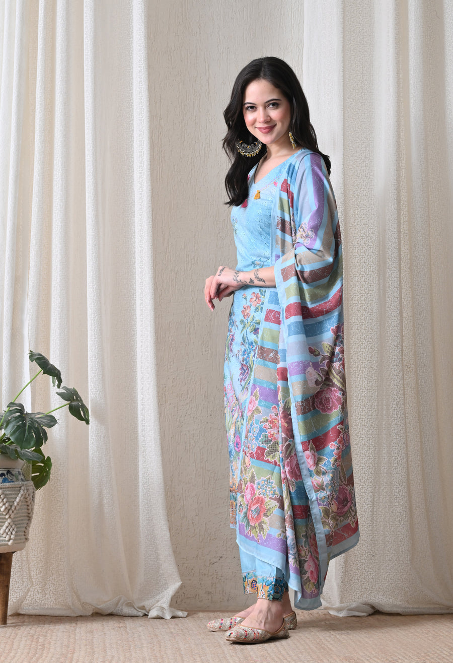 Blue Floral Embroidered Regular Thread Work Kurta with Trousers & With Dupatta