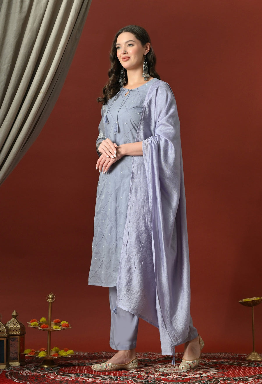 Grey Ethnic Motifs Embroidered Regular Thread Work Chanderi Cotton Kurta with Dupatta