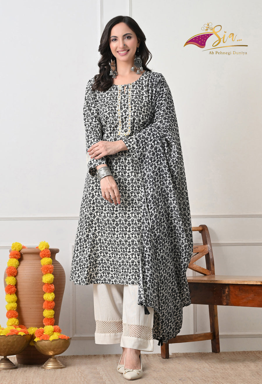 Black Floral Printed Regular Pure Cotton Kurta with Palazzos & With Dupatta