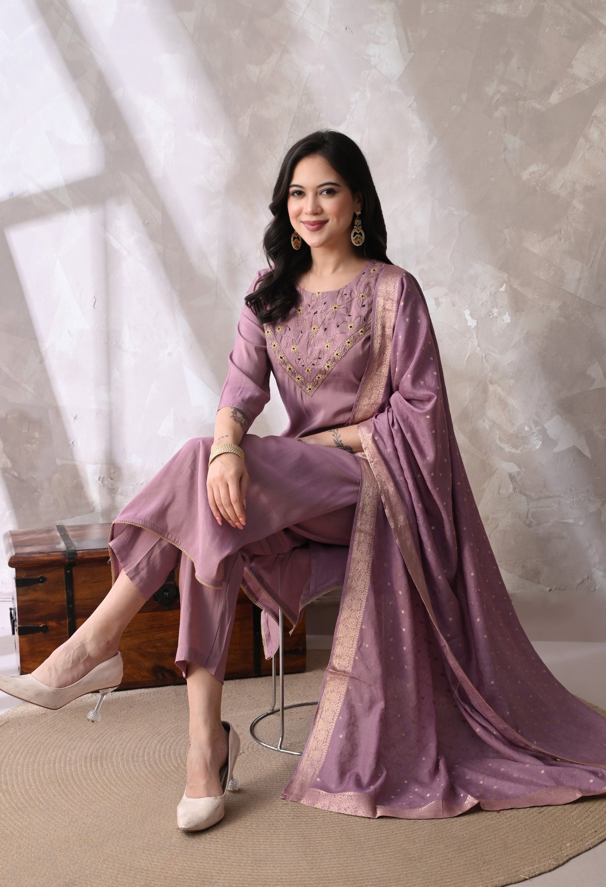 Purple Straight Kurta With Plazzo And Dupatta For Women - 2613 view 3