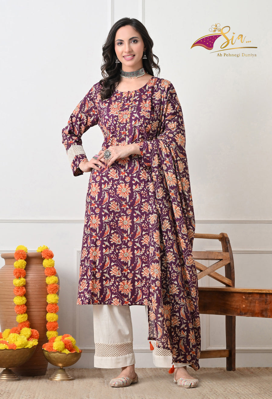 Wine Floral Printed Regular Pure Cotton Kurta with Palazzos & With Dupatta